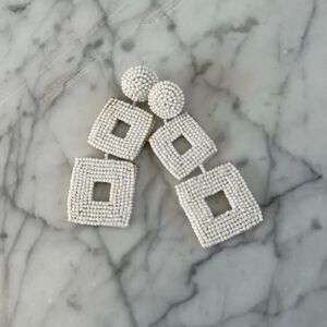 Vintage White Beaded Double Square Geometric Drop Earrings Ivory